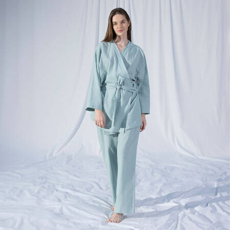 %100 Keten Uzun Kollu Kimono Mint L-XL - Serli Keçoğlu Koleksiyonu - 1