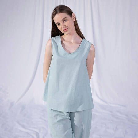 %100 Keten V Yaka Kolsuz Bluz Mint S-M - Serli Keçoğlu Koleksiyonu - 1