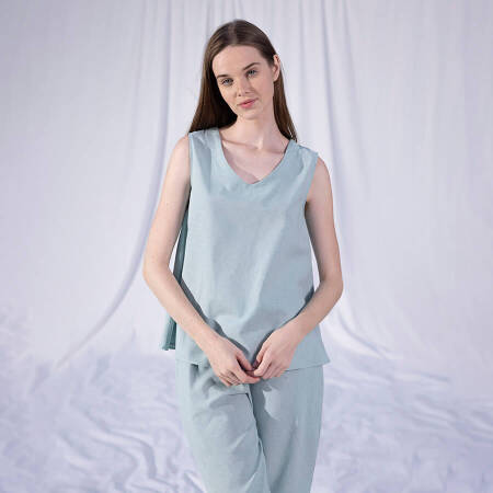 %100 Keten V Yaka Kolsuz Bluz Mint S-M - Serli Keçoğlu Koleksiyonu - 2