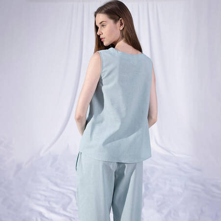 %100 Keten V Yaka Kolsuz Bluz Mint S-M - Serli Keçoğlu Koleksiyonu - 4
