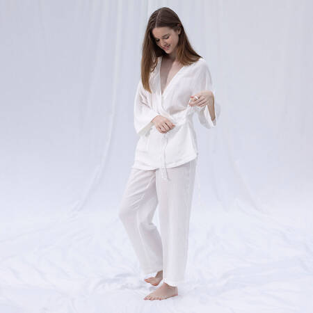 %100 Müslin Pamuk Kruvaze Kimono Kısa Beyaz L-XL - Serli Keçoğlu Koleksiyonu - 2