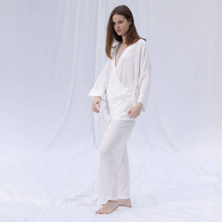 %100 Müslin Pamuk Kruvaze Kimono Kısa Beyaz L-XL - Serli Keçoğlu Koleksiyonu - 3