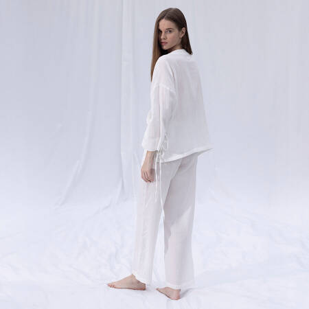 %100 Müslin Pamuk Kruvaze Kimono Kısa Beyaz L-XL - Serli Keçoğlu Koleksiyonu - 4