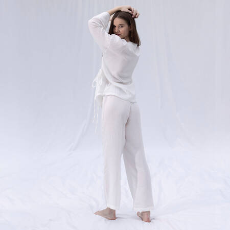 %100 Müslin Pamuk Kruvaze Kimono Kısa Beyaz L-XL - Serli Keçoğlu Koleksiyonu - 5
