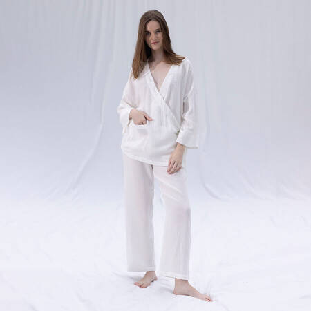%100 Müslin Pamuk Kruvaze Kimono Kısa Beyaz L-XL - Serli Keçoğlu Koleksiyonu - 1
