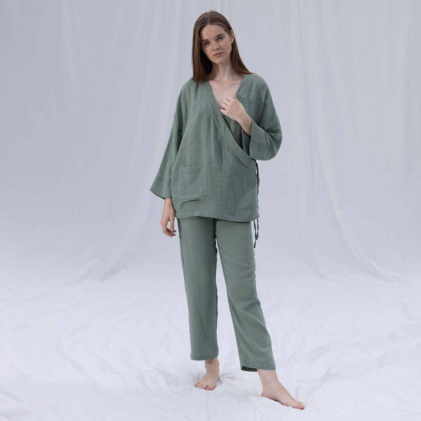 %100 Müslin Pamuk Kruvaze Kimono Kısa Çağla L-XL - Serli Keçoğlu Koleksiyonu - Penelope