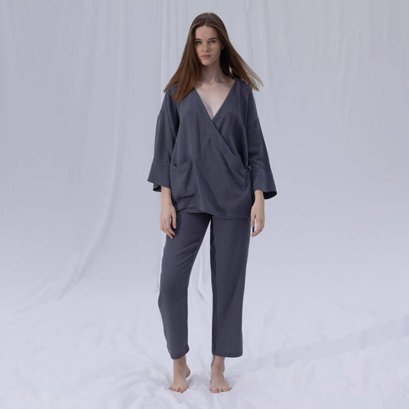 %100 Müslin Pamuk Kruvaze Kimono Kısa Koyu Gri L-XL - Serli Keçoğlu Koleksiyonu - Penelope