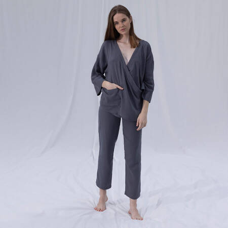 %100 Müslin Pamuk Kruvaze Kimono Kısa Koyu Gri L-XL - Serli Keçoğlu Koleksiyonu - 4