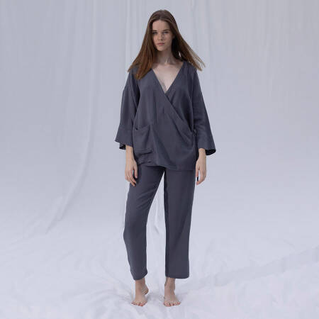 %100 Müslin Pamuk Kruvaze Kimono Kısa Koyu Gri S-M - Serli Keçoğlu Koleksiyonu - 1