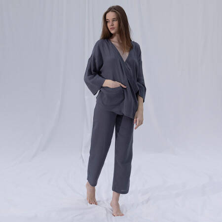 %100 Müslin Pamuk Kruvaze Kimono Kısa Koyu Gri S-M - Serli Keçoğlu Koleksiyonu - 3