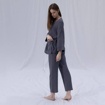 %100 Müslin Pamuk Kruvaze Kimono Kısa Koyu Gri S-M - Serli Keçoğlu Koleksiyonu - 6