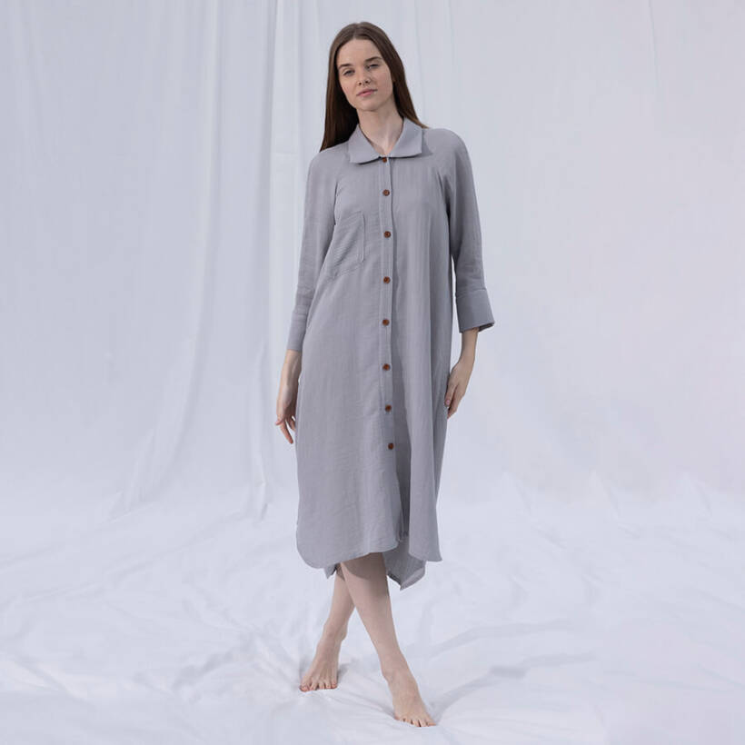 %100 Müslin Pamuk Uzun Düğmeli Elbise Açık Gri S-M - Serli Keçoğlu Koleksiyonu - Penelope