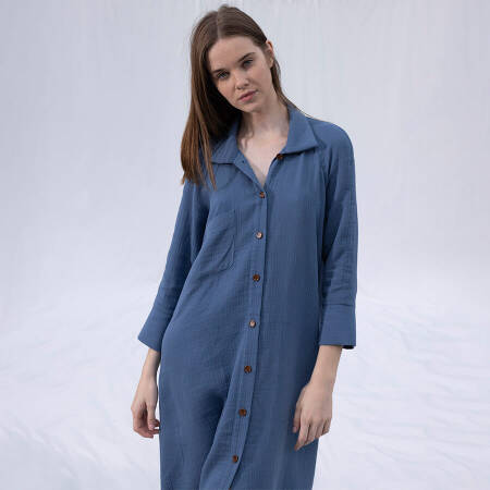 by Serli Keçoğlu Müslin Uzun Düğmeli Elbise İndigo L-XL - 5