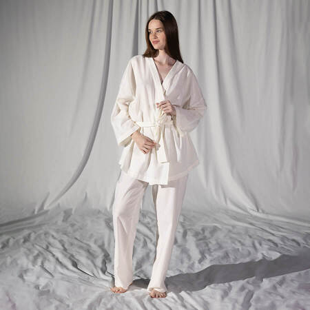 %100 Keten Uzun Kollu Kimono Beyaz - Serli Keçoğlu Koleksiyonu 