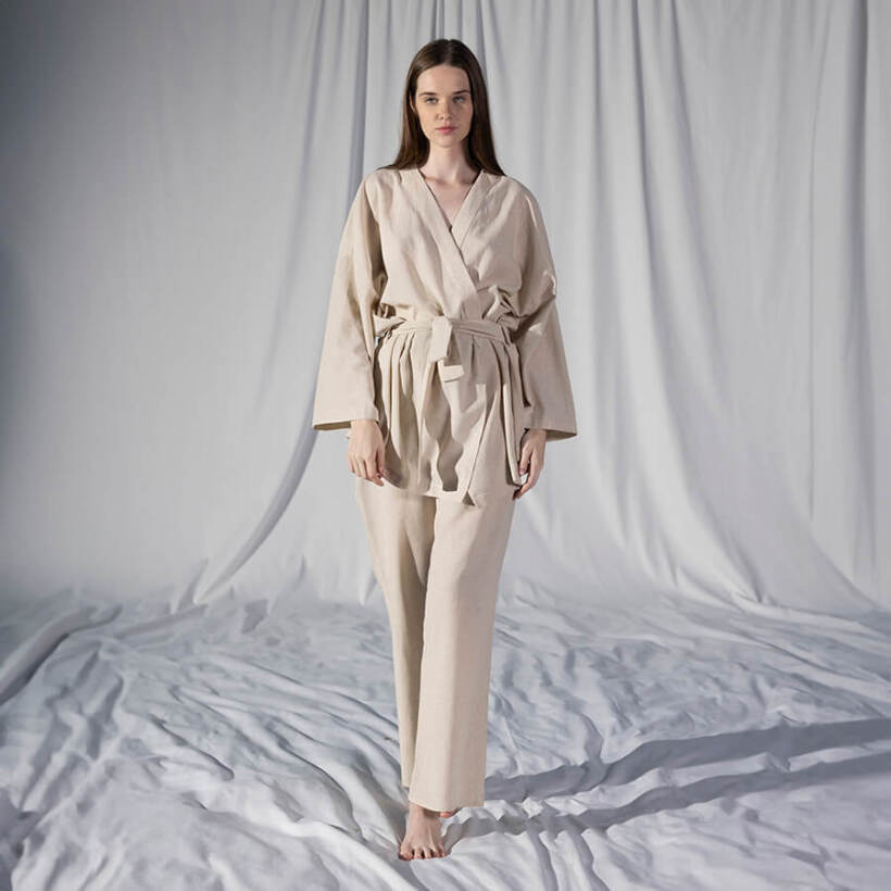 %100 Keten Uzun Kollu Kimono Ekru - Serli Keçoğlu Koleksiyonu - 
