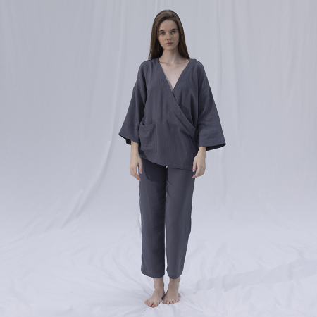 by Serli Keçoğlu Müslin Uzun Kimono Koyu Gri - 2