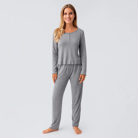 Perla %100 Pamuk Ajurlu Örme Pijama Takımı - Gri - 1