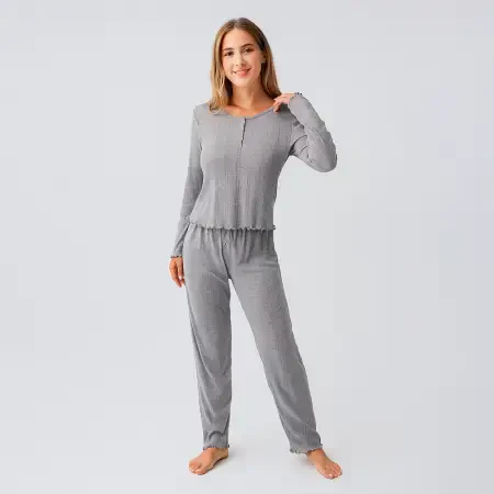 Perla %100 Pamuk Ajurlu Örme Pijama Takımı - Grı/M - PENELOPE (1)