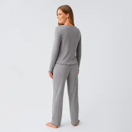 Perla %100 Pamuk Ajurlu Örme Pijama Takımı - Grı/M - 3