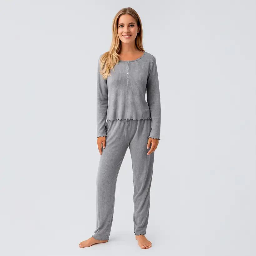 Perla %100 Pamuk Ajurlu Örme Pijama Takımı - Grı/Xl - PENELOPE