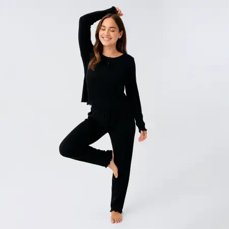 Perla %100 Pamuk Ajurlu Örme Pijama Takımı - Siyah/M - 1