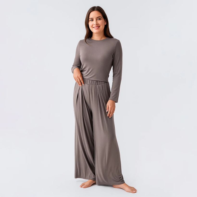 Relax Crop Bol Paça Esnek Viskoz Pijama Takımı - Vizon - 