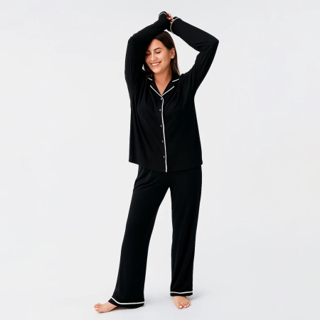 Snug Uzun Kollu Oversize Esnek Viskoz Pijama Takımı - Siyah - 2