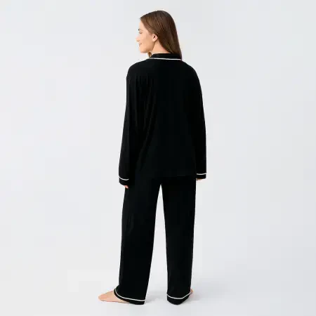 Snug Uzun Kollu Oversize Esnek Viskoz Pijama Takımı - Siyah/S - 3