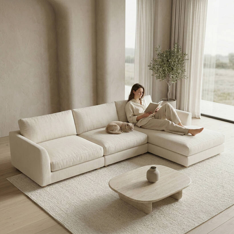 Sofa Plume 2’li Tek Kollu Sol Köşe Modül 180 x 97 cm | Plainfry Kumaş - Beyaz Keten - 