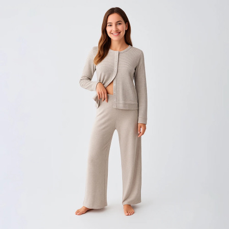 Softnest Uzun Kollu Yumuşak Dokulu Viskoz Pijama Takımı - Bej - 2