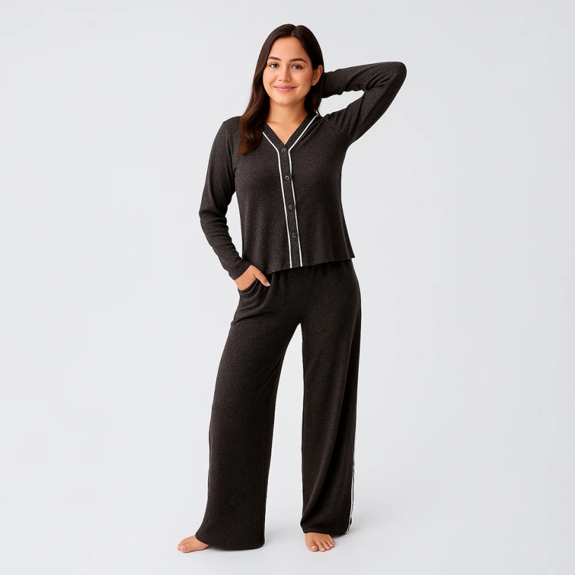 Softtouch Uzun Kollu Yumuşak Dokulu Örme Pijama Takımı - Kahve - 