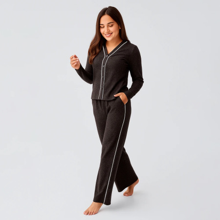 Softtouch Uzun Kollu Yumuşak Dokulu Örme Pijama Takımı - Kahve - 2